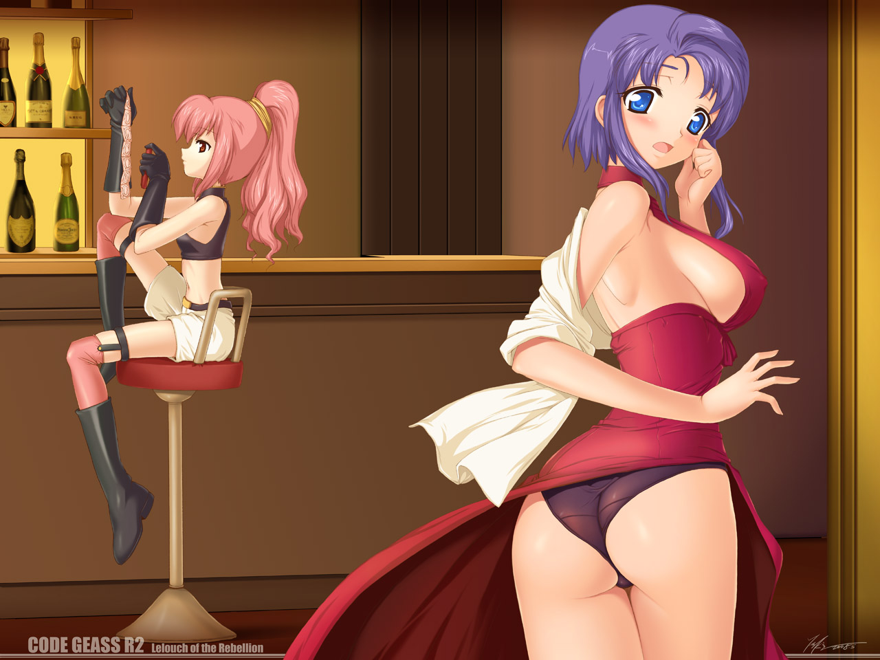 aokihoshi, anya alstreim, cecile croomy, code geass, 00s, 2girls, ass, bar (place), bare shoulders, black panties, blue eyes, blue hair, blush, boots, breasts, condom, condom packet strip, condom wrapper, gloves, large breasts, long hair, looking back, multiple girls, panties, pink hair, ponytail, purple hair, red eyes, sideboob, sitting, stool, thighhighs, underwear