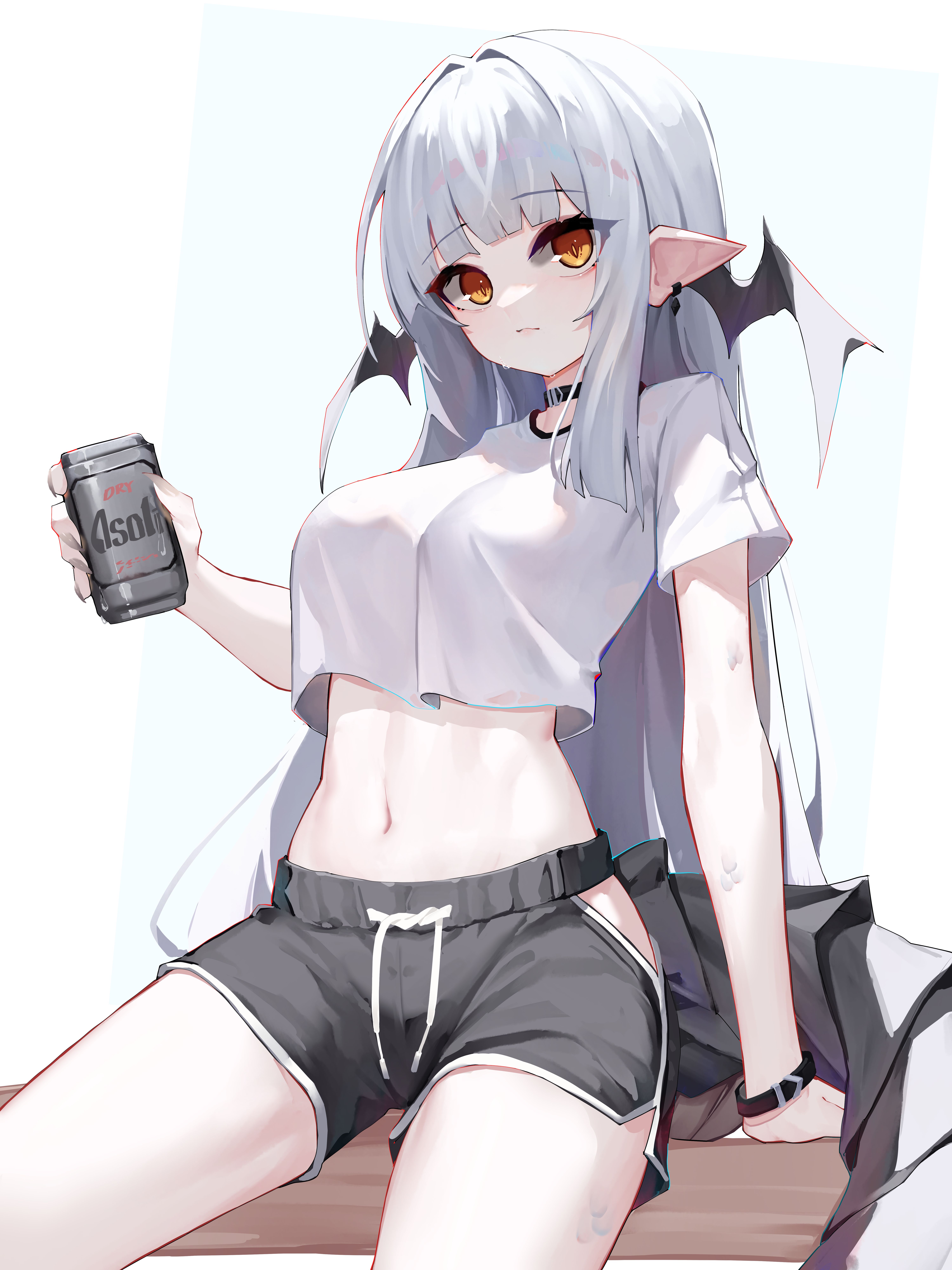 aoria, asahi breweries, original, absurdres, commission, highres, second-party source, 1girl, beer can, black choker, black shorts, breasts, can, choker, clothing cutout, crop top, crop top overhang, dolphin shorts, drawstring, drink can, earrings, expressionless, head wings, hip vent, holding, holding can, jewelry, large breasts, long hair, looking at viewer, midriff, navel, orange eyes, pointy ears, shirt, short shorts, short sleeves, shorts, simple background, sitting, solo, stomach, sweatdrop, tail, thighs, very long hair, white background, white hair, white shirt, wings, wristband