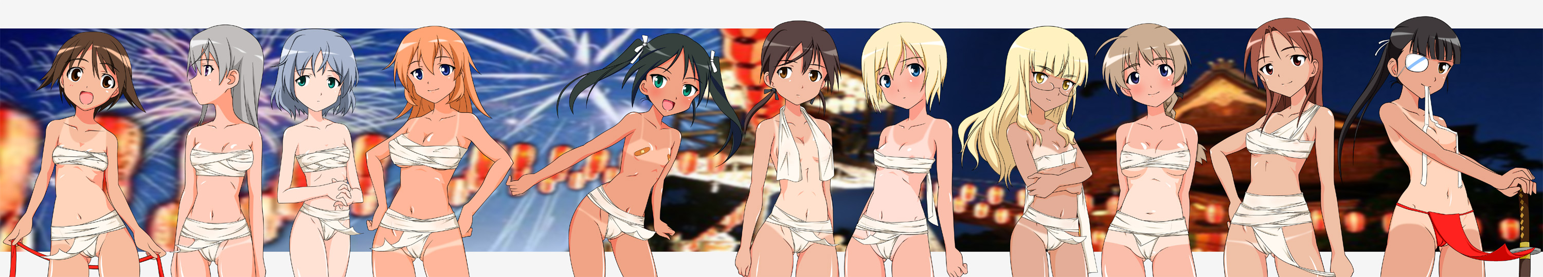 charlotte e. yeager, eila ilmatar juutilainen, erica hartmann, francesca lucchini, gertrud barkhorn, lynette bishop, minna-dietlinde wilcke, miyafuji yoshika, perrine h. clostermann, sakamoto mio, sanya v. litvyak, strike witches, world witches series, highres, long image, non-web source, wide image, 00s, 501st joint fighter wing, 6+girls, ahoge, bandages, bandaid, bikini tan, braid, cameltoe, covered erect nipples, everyone, eyepatch, flat chest, fundoshi, glasses, hair ribbon, japanese clothes, long hair, mouth hold, multiple girls, navel, nipple slip, nipples, one-piece tan, ribbon, sarashi, short hair, single braid, sword, tan, tanline, twintails, weapon