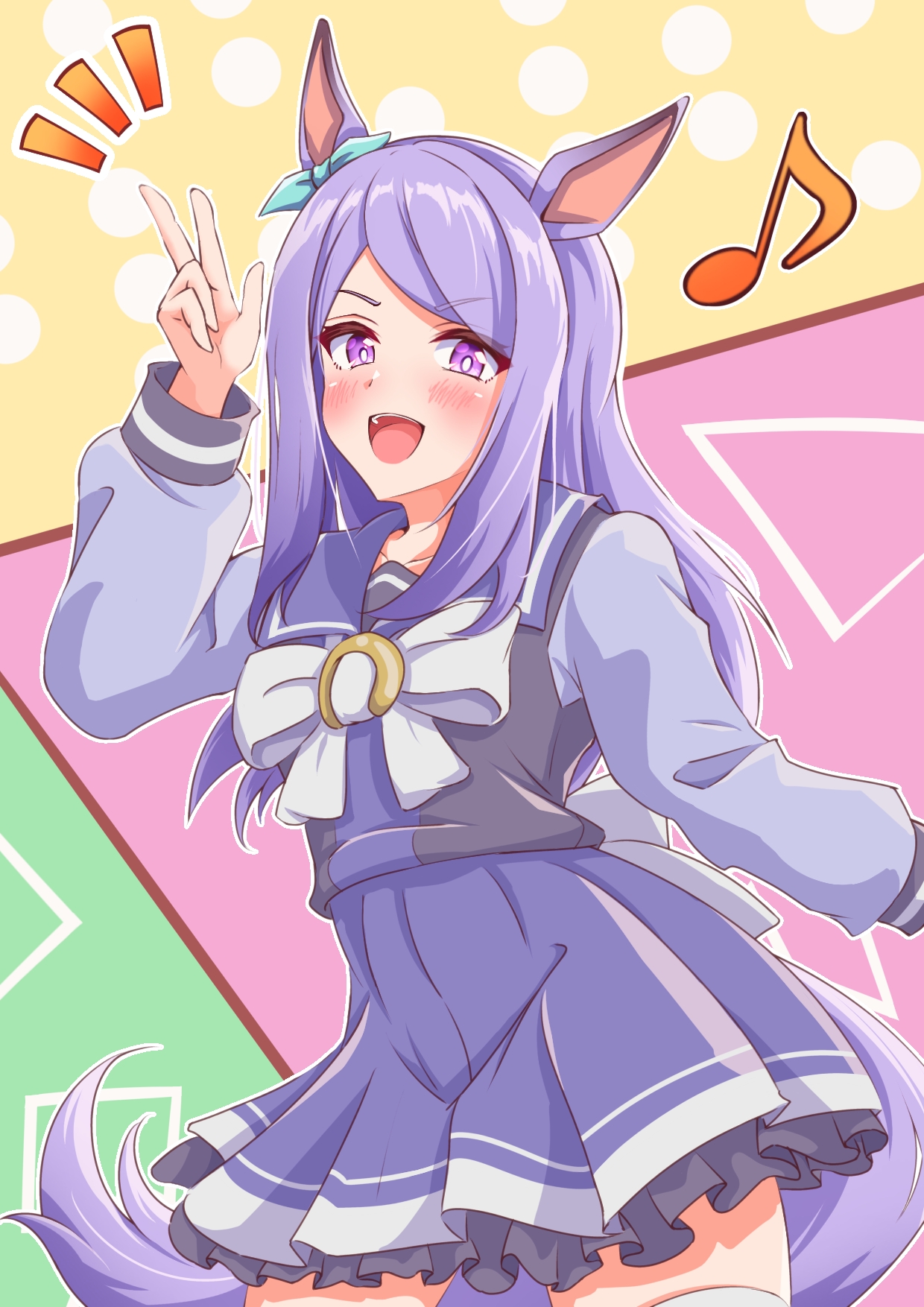 mokichi3356, mejiro mcqueen (umamusume), umamusume, commentary request, highres, 1girl, animal ears, blush, breasts, hair between eyes, hair ornament, horse ears, horse girl, long hair, looking at viewer, open mouth, purple eyes, purple hair, school uniform, small breasts, solo, tracen school uniform, v