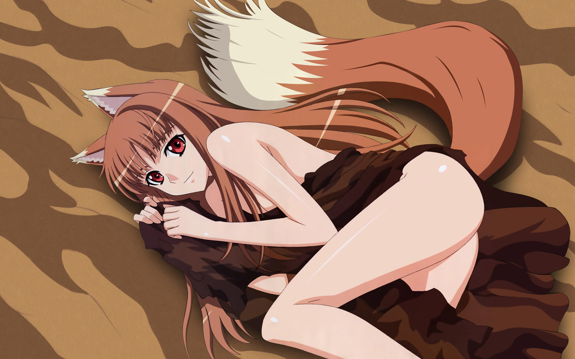 sasaki masashi, holo, spice and wolf, highres, official art, official wallpaper, third-party edit, 00s, 1girl, animal ears, ass, breasts, brown hair, cleavage, female focus, from above, large breasts, legs, long hair, lying, nude, on side, red eyes, shiny skin, smile, solo, tail, wolf ears, wolf tail