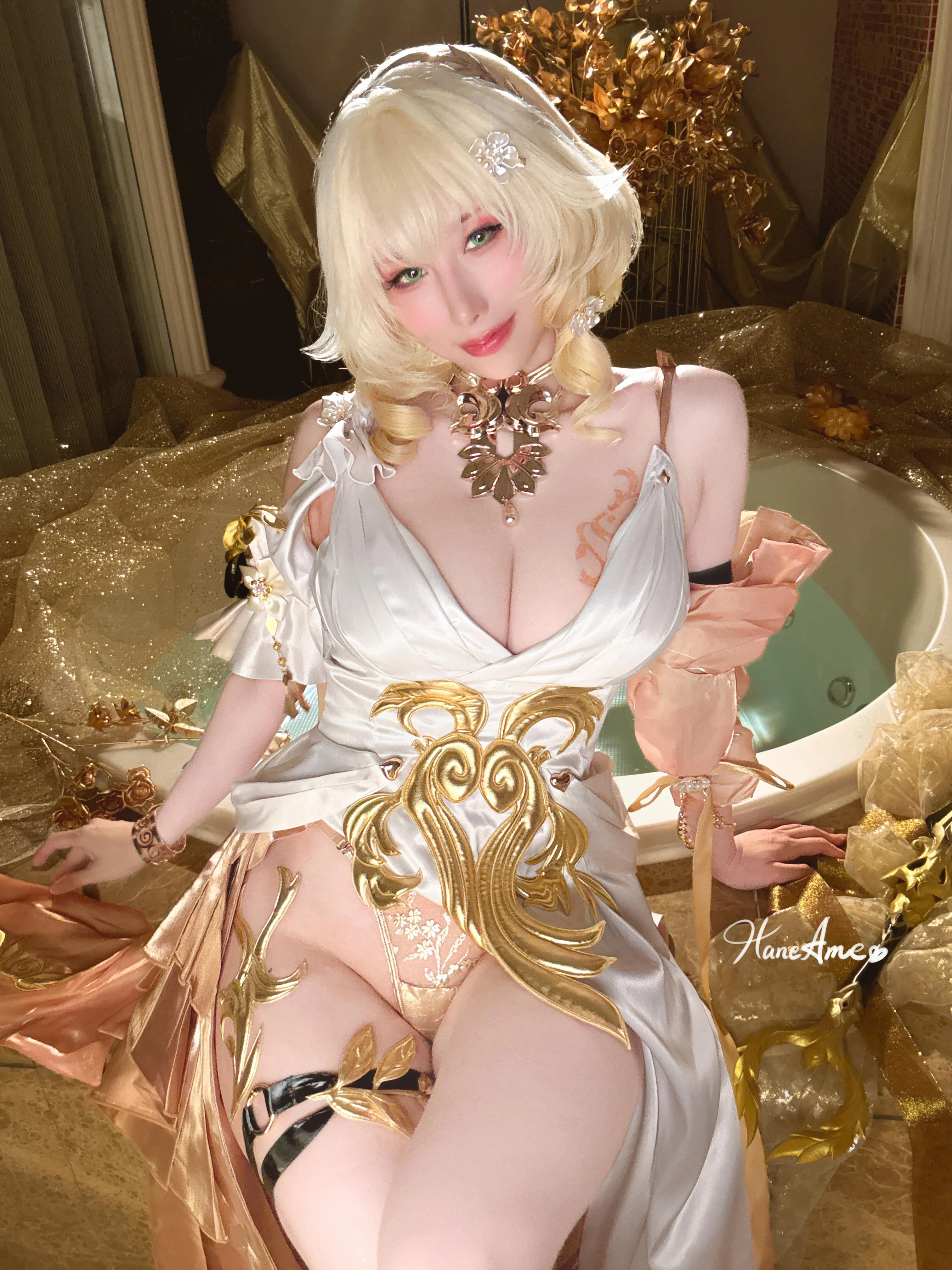 hane ame, aglaea (honkai: star rail), honkai: star rail, honkai (series), cosplay photo, photo (medium), 1girl, aglaea (honkai: star rail) (cosplay), artist name, breasts, cleavage, female focus, large breasts, solo