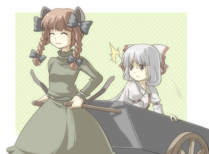 urin, fujiwara no mokou, kaenbyou rin, touhou, silver hair, bad id, bad pixiv id, 2girls, :3, ^ ^, animal ears, braid, cat ears, cat girl, cat tail, closed eyes, female focus, flat chest, hair ribbon, multiple girls, multiple tails, red hair, ribbon, tail, twin braids, wheelbarrow