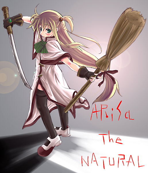 arisa bunnings, burning arisa, lyrical nanoha, mahou shoujo lyrical nanoha, 00s, black thighhighs, broom, dress, gloves, hair bobbles, hair ornament, shoes, solo, sword, thighhighs, uwabaki, weapon