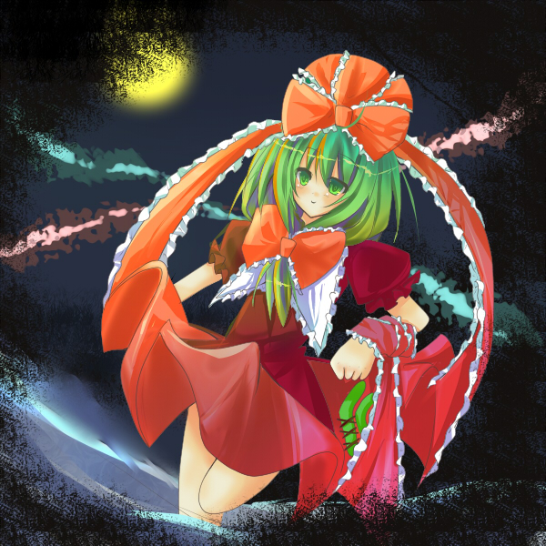 yuita, yuitadesuyo (pixiv), kagiyama hina, touhou, bad id, bad pixiv id, 1girl, female focus, front ponytail, green hair, long hair, ribbon, solo