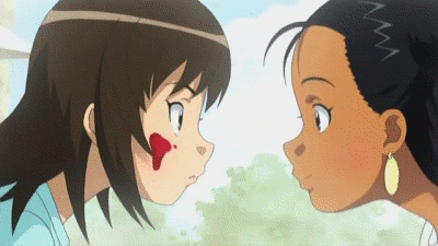 morita matsuri, morita yukari, rocket girls, animated, animated gif, lowres, 00s, 2girls, dark-skinned female, dark skin, earrings, food, food on face, jewelry, licking, multiple girls, tongue, tongue out