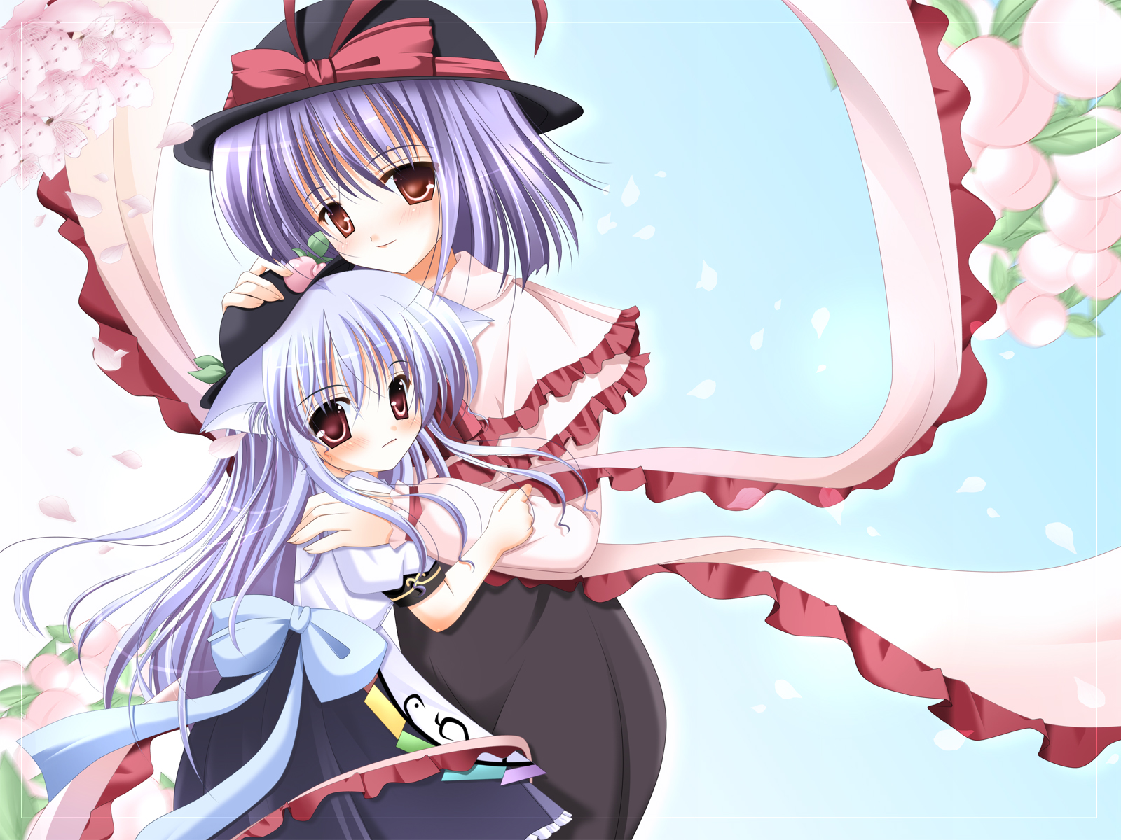 hiyori-o, hinanawi tenshi, nagae iku, touhou, bad id, bad pixiv id, highres, 2girls, animal ears, blue hair, bow, female focus, flower, food, fruit, hat, hat ribbon, hug, kemonomimi mode, long hair, multiple girls, peach, petals, purple hair, red eyes, ribbon, short hair