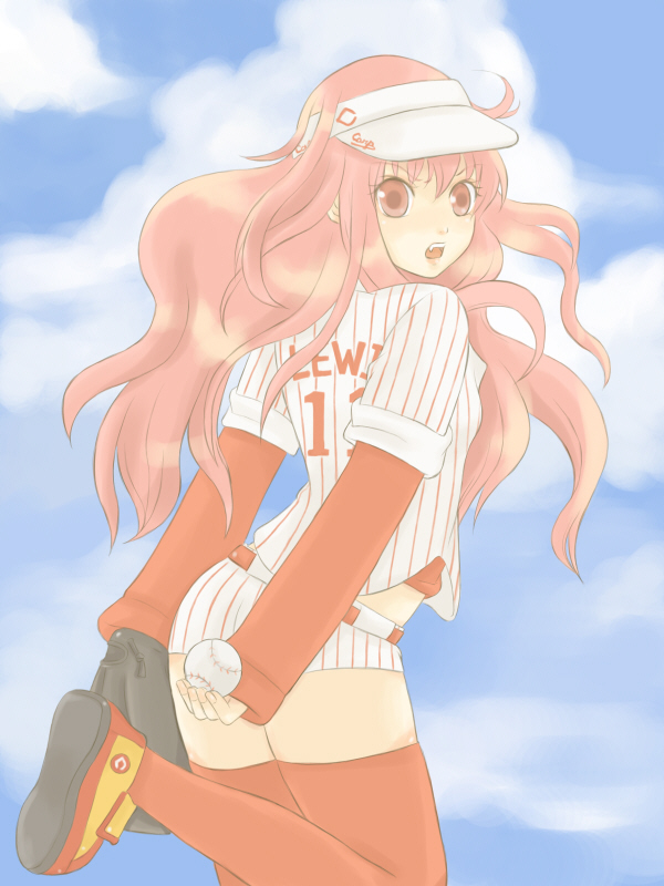 cord-yoshikazu, louise francoise le blanc de la valliere, hiroshima touyou carp, nippon professional baseball, zero no tsukaima, visor, bad id, bad pixiv id, 00s, 1girl, baseball, baseball uniform, clothes writing, female focus, long hair, pink eyes, pink hair, short shorts, shorts, solo, sportswear, thighhighs, visor cap