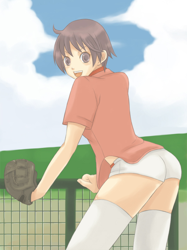 cord-yoshikazu, original, bad id, bad pixiv id, ass, baseball, brown eyes, brown hair, short hair, short shorts, shorts, thighhighs