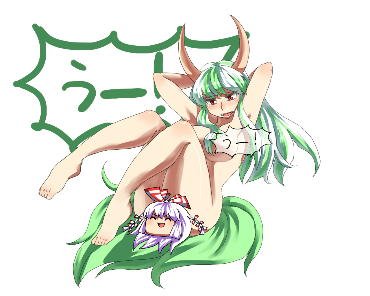 mizu mochi, ex-keine, fujiwara no mokou, kamishirasawa keine, touhou, silver hair, bad id, bad pixiv id, 1girl, female focus, green hair, horns, long hair, nude, ribbon, solo, white background, yukkuri shiteitte ne