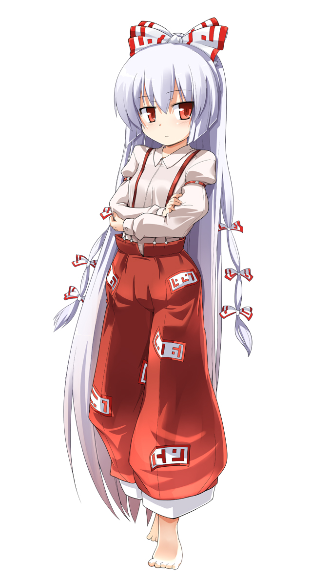 mamo williams, fujiwara no mokou, touhou, bad id, bad pixiv id, 1girl, :<, barefoot, crossed arms, female focus, full body, hair ribbon, long hair, red eyes, ribbon, simple background, solo, standing, suspenders, very long hair, white background, white hair