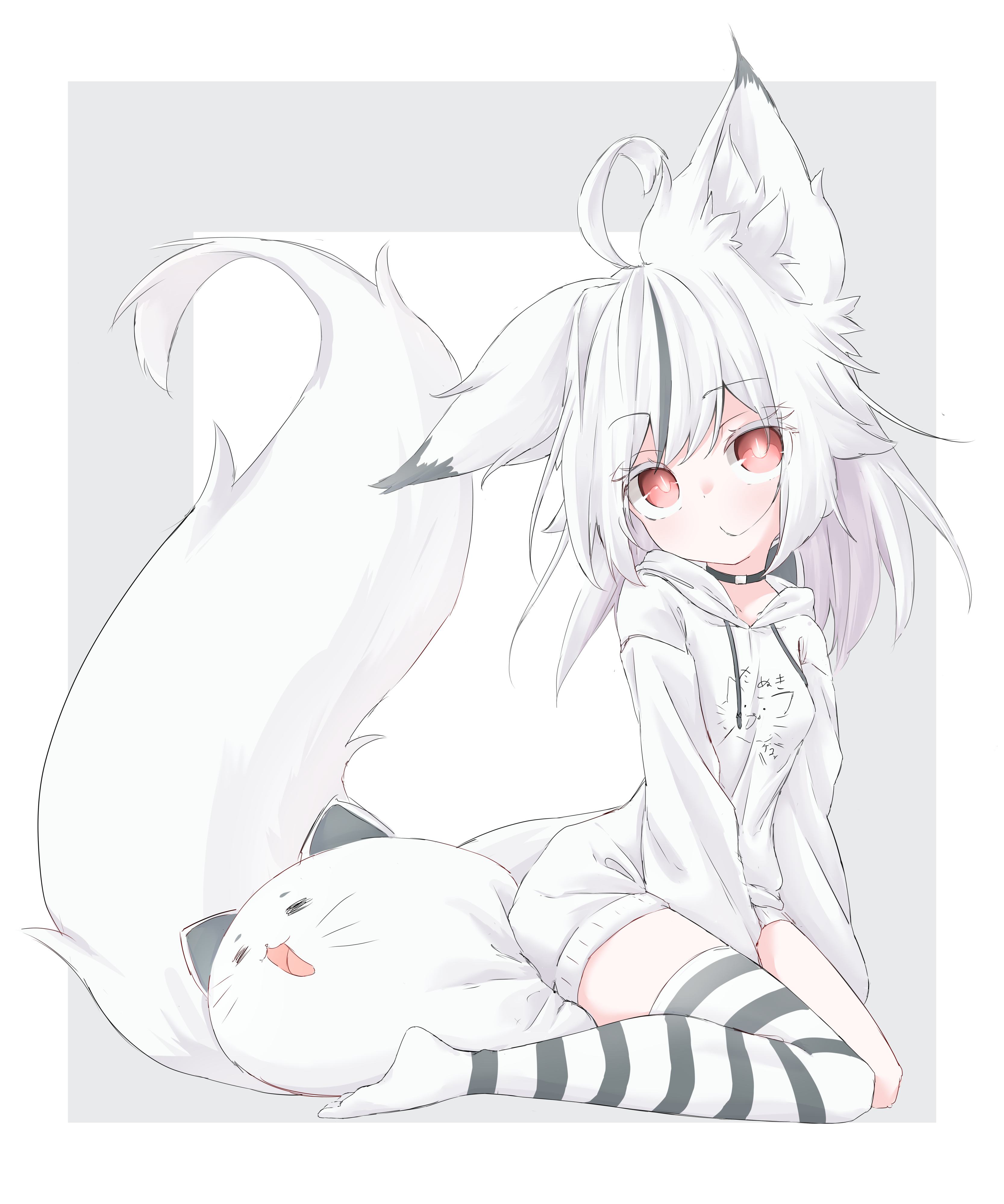 mifumo kitsunebi, original, absurdres, commentary, highres, 1girl, animal ears, between legs, black hair, fox ears, fox girl, fox tail, full body, hair in own mouth, hand between legs, hood, hood down, hoodie, long sleeves, long tail, looking at viewer, medium hair, multicolored hair, no pants, red eyes, single thighhigh, sitting, sitting on stuffed toy, streaked hair, striped clothes, striped thighhighs, stuffed fox, tail, thighhighs, white hair, white hoodie