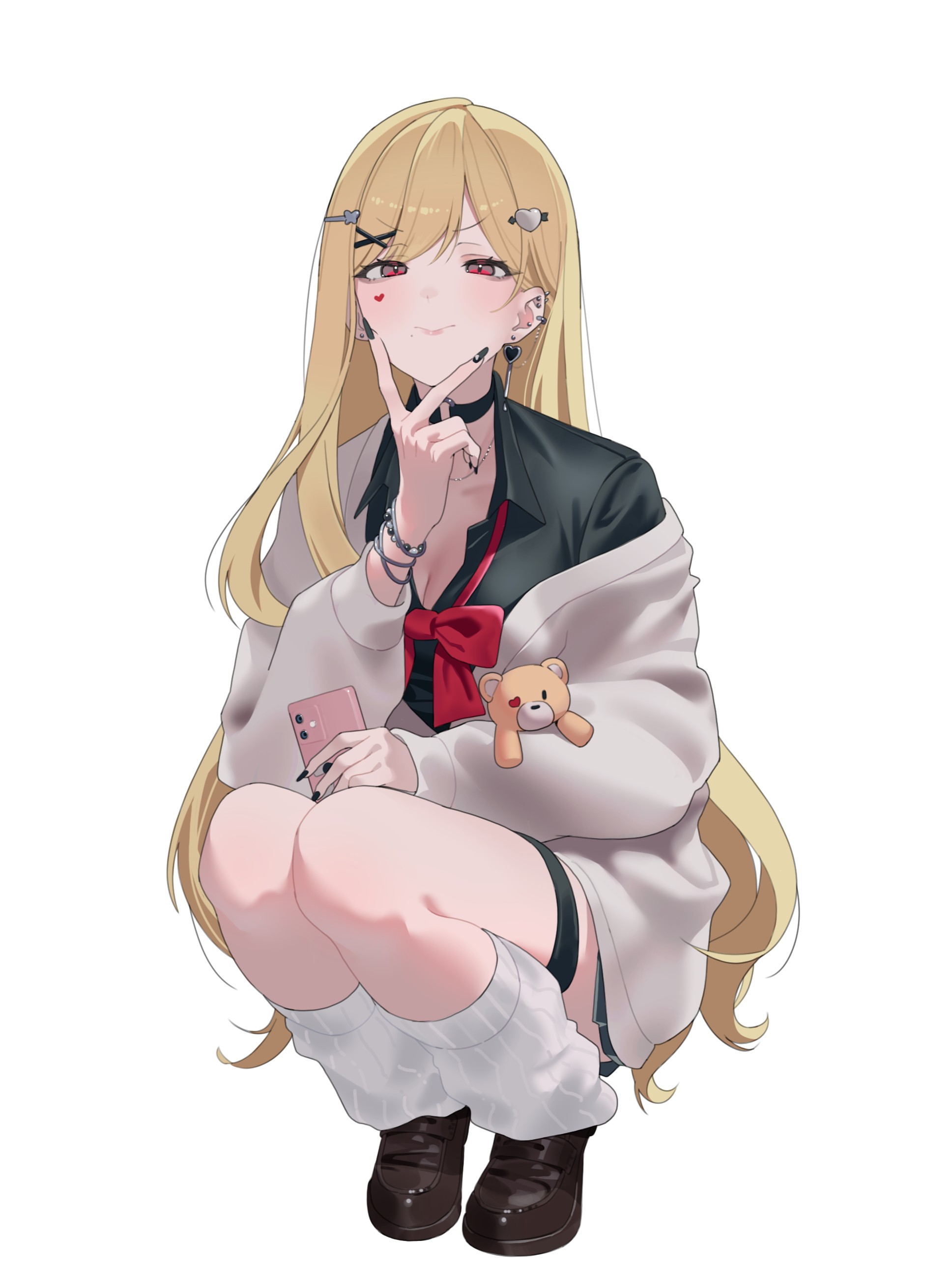 arisaki (cnxy7525), luis cammy, nijisanji, absurdres, highres, 1girl, black choker, black nails, blonde hair, bow, breasts, cardigan, choker, cleavage, earrings, facial mark, facial tattoo, gyaru, heart, heart facial mark, jewelry, kogal, long hair, loose socks, luis cammy (school uniform), mole, mole under mouth, red bow, red cardigan, red eyes, socks, squatting, tattoo, thigh strap, v, very long hair, virtual youtuber, white socks