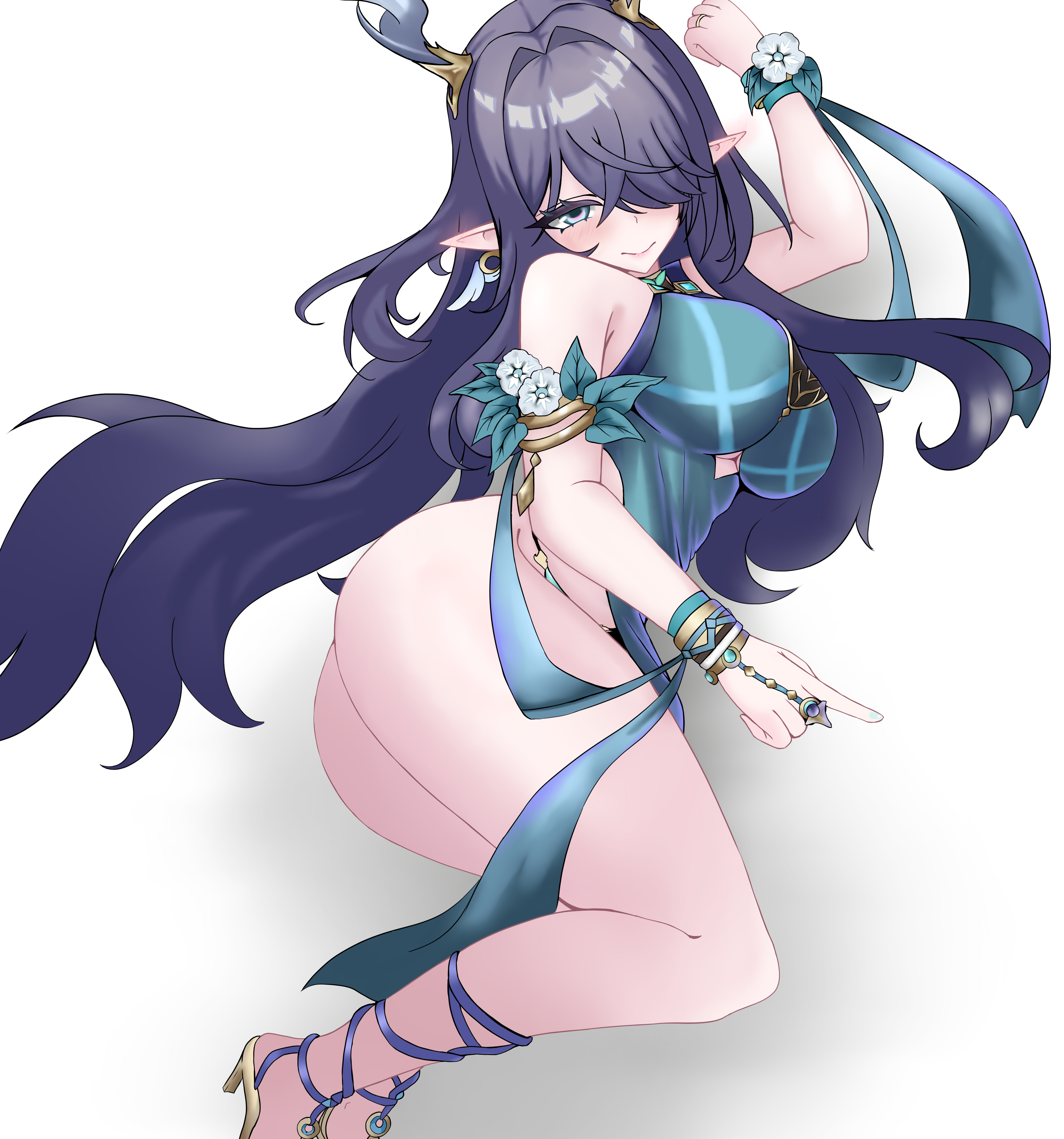 lauma (genshin impact), genshin impact, absurdres, highres, non-web source, 1girl, aqua dress, ass, breasts, closed mouth, dress, gold, hair over one eye, long hair, pointy ears, simple background, solo
