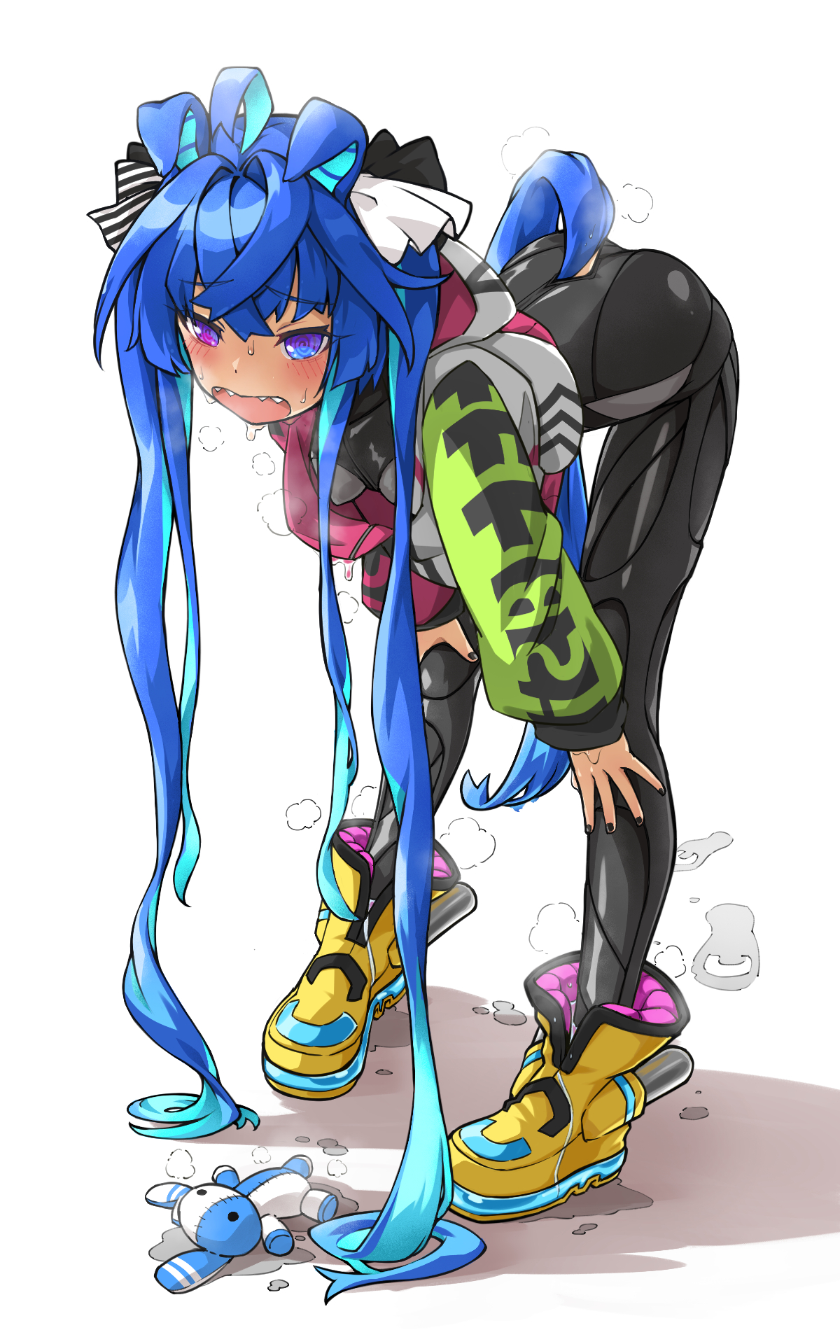 yingjian, twin turbo (blast mode! turbo engine) (umamusume), twin turbo (umamusume), umamusume, highres, 1girl, @ @, ahoge, animal ears, aqua hair, black bodysuit, blue eyes, blue hair, bodysuit, boots, bow, brown leggings, coat, crossed bangs, ear covers, heterochromia, hood, hooded coat, hoodie, horse ears, horse girl, horse tail, leggings, long hair, long sleeves, looking at viewer, multicolored coat, multicolored hair, multicolored hoodie, open mouth, purple eyes, sharp teeth, solo, striped bow, stuffed animal, stuffed rabbit, stuffed toy, sweat, tail, teeth, twintails, yellow boots