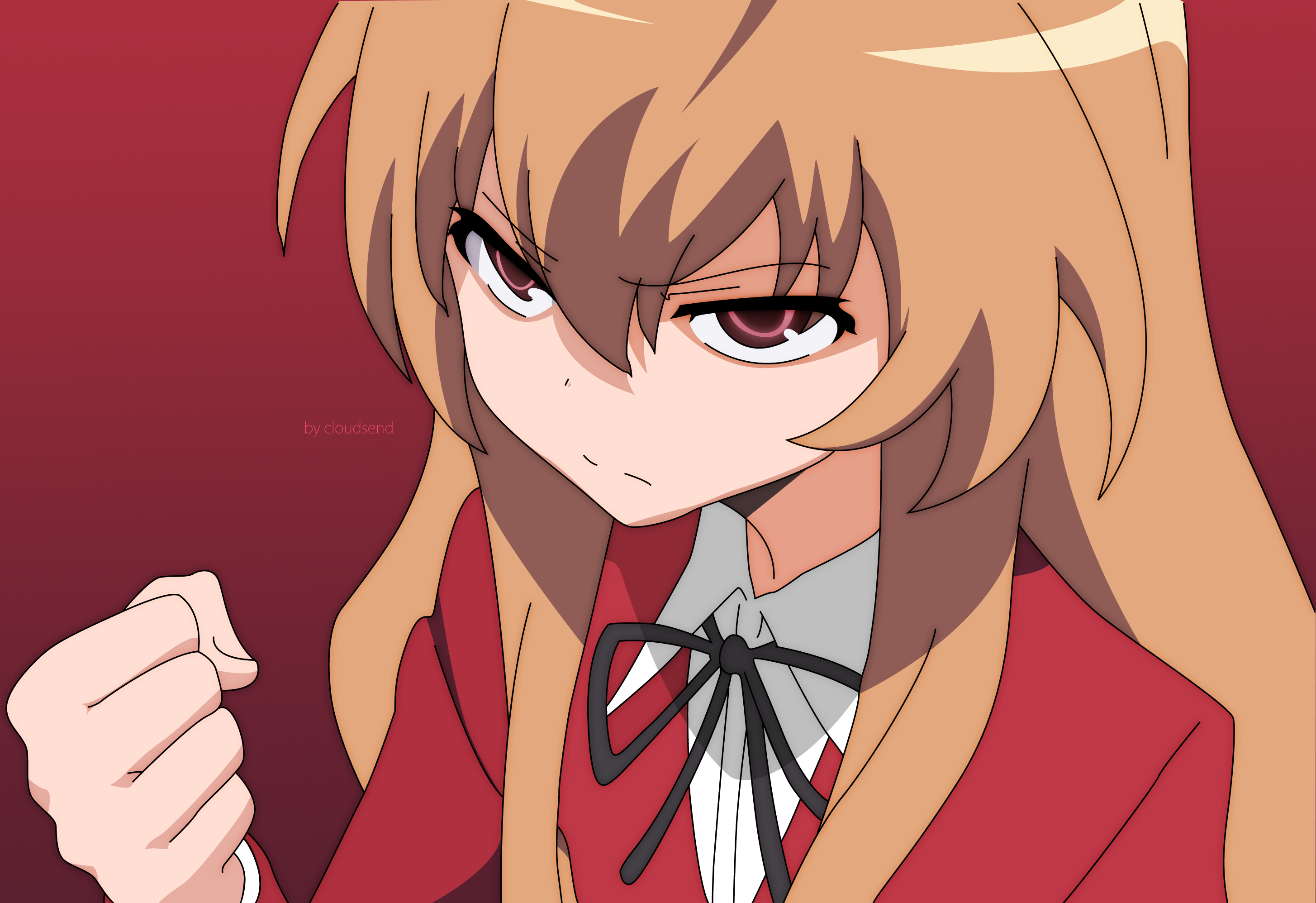 cloudsend, aisaka taiga, toradora!, derivative work, highres, vector trace, 00s, 1girl, angry, blazer, brown hair, clenched hand, female focus, jacket, red background, red eyes, shaded face, sidelocks, simple background, solo, upper body