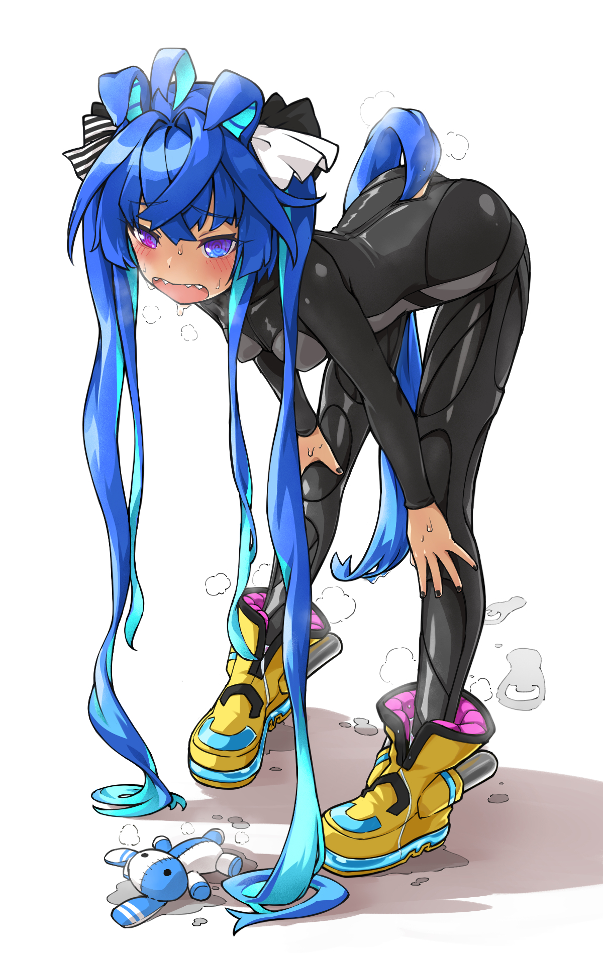 yingjian, twin turbo (blast mode! turbo engine) (umamusume), twin turbo (umamusume), umamusume, highres, 1girl, @ @, ahoge, animal ears, black bodysuit, blue eyes, blue hair, bodysuit, boots, crossed bangs, heterochromia, horse ears, horse girl, horse tail, long hair, looking at viewer, open mouth, purple eyes, sharp teeth, solo, stuffed animal, stuffed rabbit, stuffed toy, tail, teeth, twintails, yellow boots