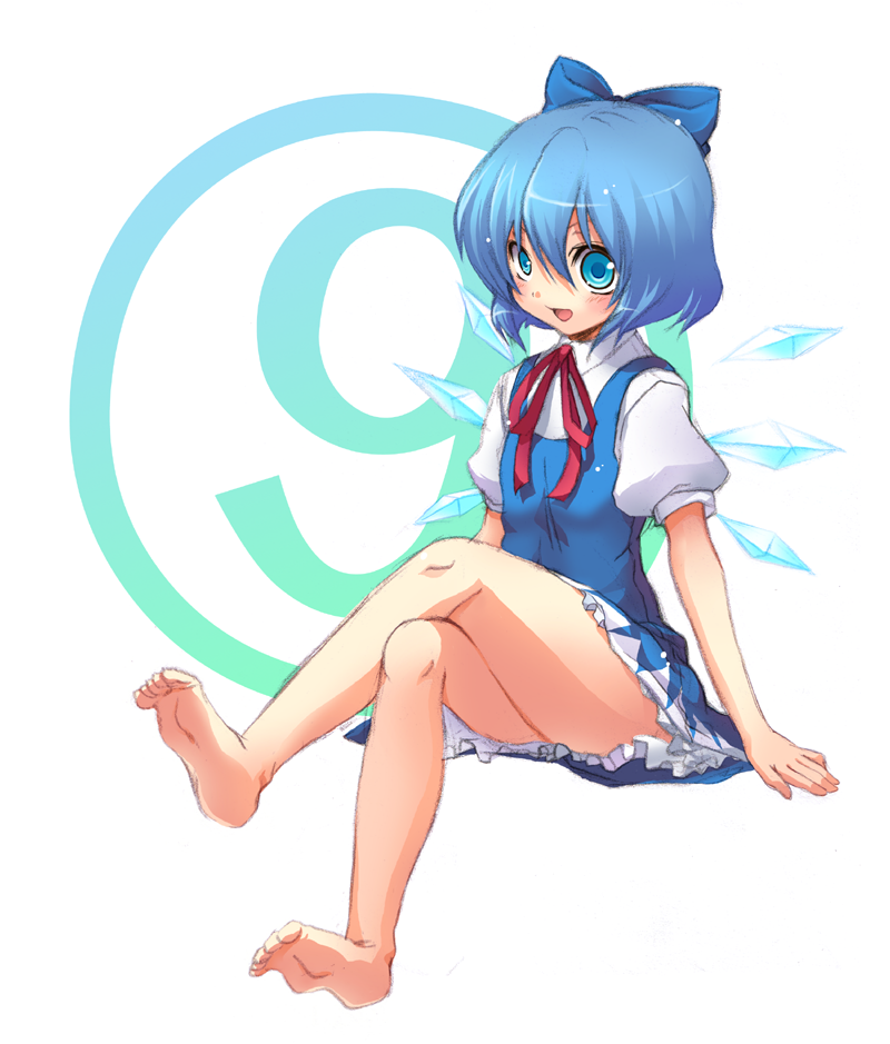 kajo, cirno, touhou, bad id, bad pixiv id, 1girl, barefoot, blue eyes, blue hair, bow, circled 9, crossed legs, dress, feet, female focus, hair ribbon, matching hair/eyes, open mouth, ribbon, short hair, sitting, solo, wings