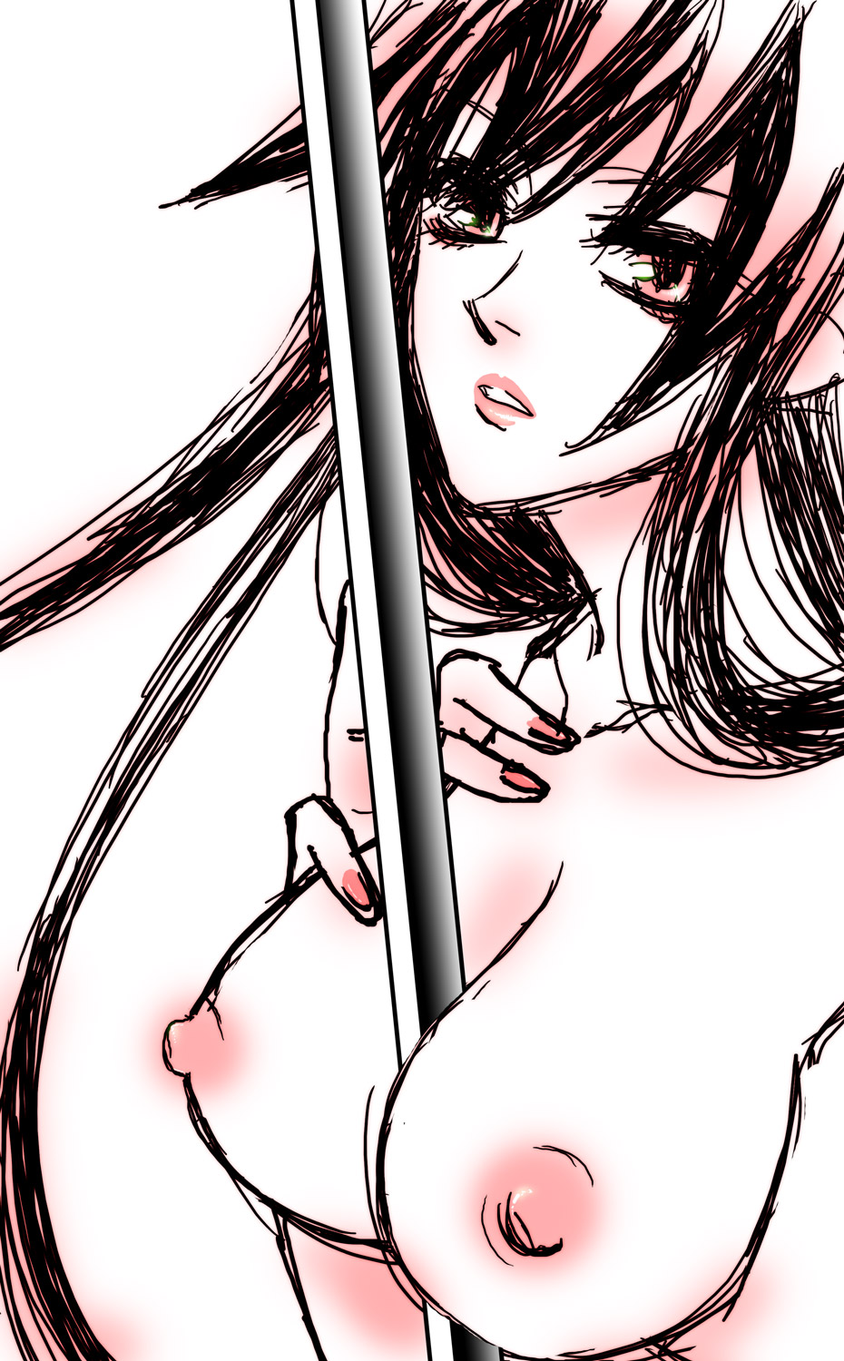 hikaru (asteriskring), busujima saeko, highschool of the dead, bad id, bad pixiv id, highres, 1girl, between breasts, breasts, female focus, fingernails, katana, large breasts, lipstick, makeup, nail (hardware), nipples, nude, solo, sword, weapon