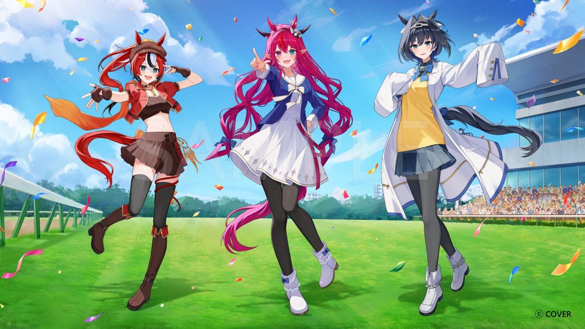 miyanami 3, agnes tachyon (tach-nology) (umamusume), agnes tachyon (umamusume), grass wonder (stone-piercing blue) (umamusume), grass wonder (umamusume), hakos baelz, irys (hololive), ouro kronii, tokai teio (beyond the horizon) (umamusume), tokai teio (umamusume), hololive, hololive english, holopromise, umamusume, commentary request, official art, 3girls, agnes tachyon (umamusume) (cosplay), ahoge, animal ears, aqua eyes, belt, black hairband, black horns, black pantyhose, black streaks, black thighhighs, blue bow, blue bowtie, blue eyes, blue gemstone, blue hair, blue jacket, blue shirt, blue skirt, blue sky, blue tail, blurry, blurry background, boots, bow, bow earrings, bow hairband, bowtie, brooch, brown boots, brown dress, brown gloves, choppy bangs, cloud, coat, collar, colored tips, confetti, cosplay, cropped jacket, crossed bangs, crowd, doll hair ornament, double-parted bangs, dress, ear ornament, earrings, ears through headwear, extra ears, fangs, fingerless gloves, flat cap, floating hair, fold-over boots, full body, gem, gloves, grass, grass wonder (umamusume) (cosplay), hair between eyes, hair intakes, hairband, hand on own hip, hat, head chain, heterochromia, horns, horse ears, horse girl, horse tail, hourglass, jacket, jewelry, key, key necklace, knee boots, l hand, lab coat, lapels, long hair, long sleeves, looking at viewer, multicolored eyes, multicolored hair, multiple girls, necklace, notched lapels, open hand, open mouth, outstretched arms, pantyhose, parted lips, pink belt, pink gemstone, pink hair, pleated skirt, pointy ears, ponytail, purple eyes, red jacket, red streaks, sailor collar, scrunchie, sharp teeth, shirt, short-sleeved jacket, short hair, short sleeves, skirt, sky, sleeves past fingers, sleeves past wrists, spiked collar, spikes, spread fingers, stadium, star-shaped pupils, star (symbol), sweater, symbol-shaped pupils, tail, tail bow, tail ornament, teeth, thighhighs, tokai teio (umamusume) (cosplay), v, very long hair, virtual youtuber, white boots, white bow, white bowtie, white coat, white dress, white sailor collar, white streaks, wing collar, wolf cut, yellow scrunchie, yellow sweater, yellow trim