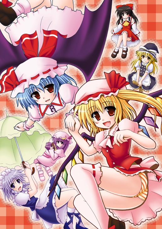 nagana sayui, flandre scarlet, hakurei reimu, izayoi sakuya, kirisame marisa, patchouli knowledge, remilia scarlet, embodiment of scarlet devil, touhou, silver hair, 6+girls, :d, apron, bat wings, blonde hair, braid, brown hair, female focus, hat, japanese clothes, looking at viewer, maid headdress, mary janes, miko, mob cap, multiple girls, open mouth, panties, red eyes, shoes, siblings, single braid, sisters, smile, twin braids, umbrella, underwear, vampire, waist apron, wings, witch hat