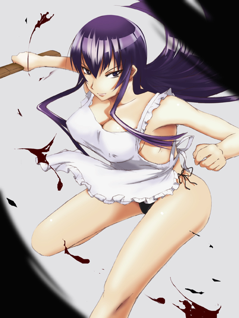 supisupi, busujima saeko, highschool of the dead, 1girl, apron, armpits, black panties, blood, blue eyes, blurry, bokken, breasts, cleavage, covered erect nipples, depth of field, female focus, fighting stance, frills, large breasts, leg lift, long hair, looking at viewer, naked apron, naughty face, panties, purple hair, shirt, side-tie panties, sideboob, simple background, smile, solo, standing, standing on one leg, sword, taut clothes, taut shirt, thighs, underwear, weapon, wooden sword