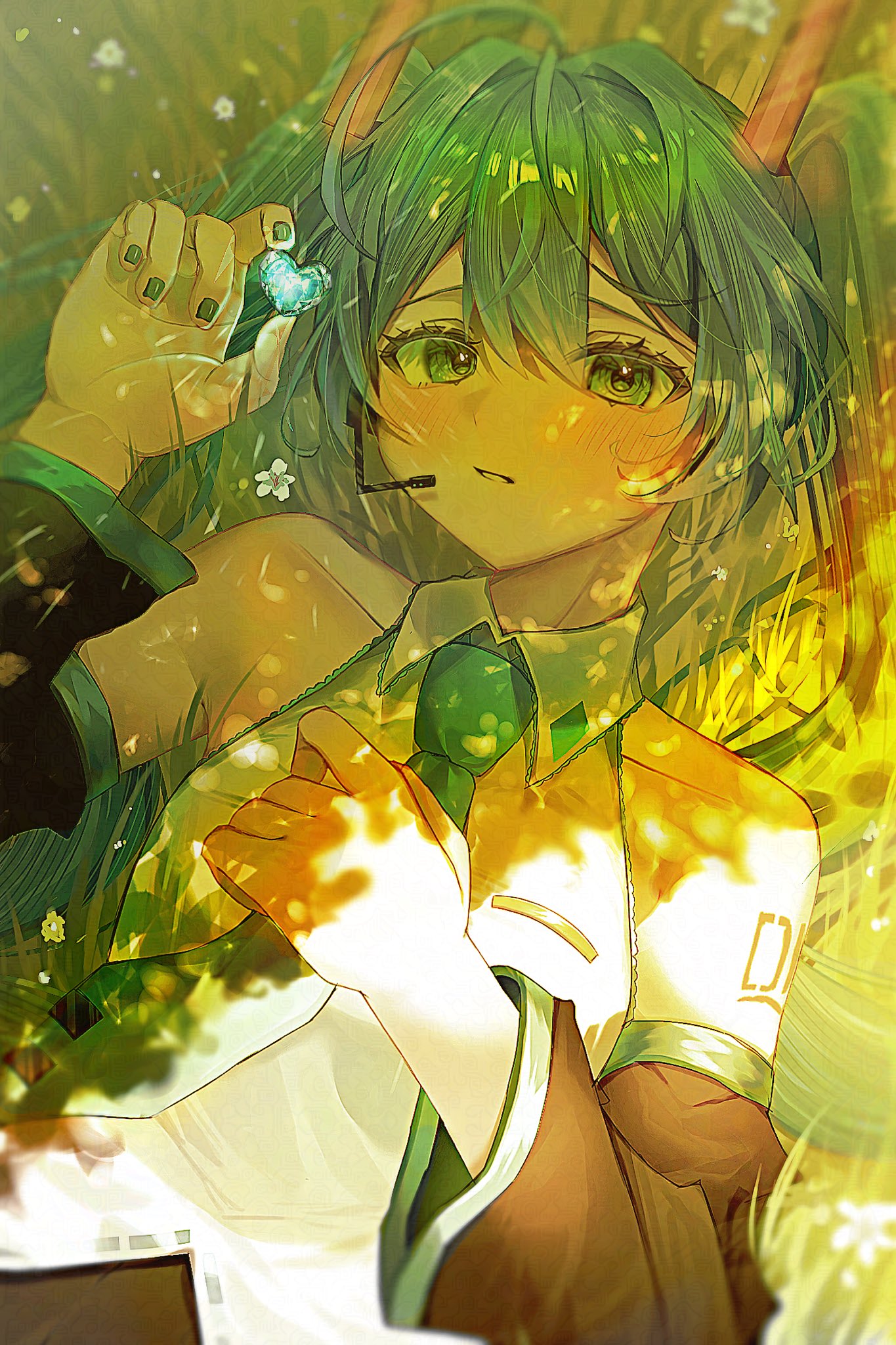 hatsune miku, vocaloid, highres, 67 suitou, bare shoulders, black sleeves, blue gemstone, blush, breast pocket, collar, collarbone, collared shirt, day, detached sleeves, dot nose, from above, gem, glowing, glowing object, grass, green eyes, green hair, green necktie, hair ornament, headphones, holding, holding gem, light particles, looking at viewer, lying, necktie, number tattoo, on grass, outdoors, parted lips, pocket, shadow, shirt, sleeveless, sleeveless shirt, tattoo, twintails, upper body, white collar, white shirt, wide sleeves