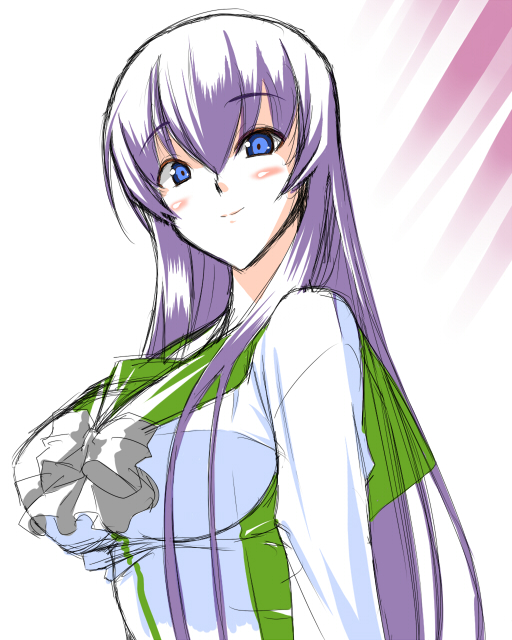 aonagi hayate, busujima saeko, highschool of the dead, bad id, bad pixiv id, blue eyes, blush, breasts, large breasts, purple hair, school uniform, serafuku, smile, solo