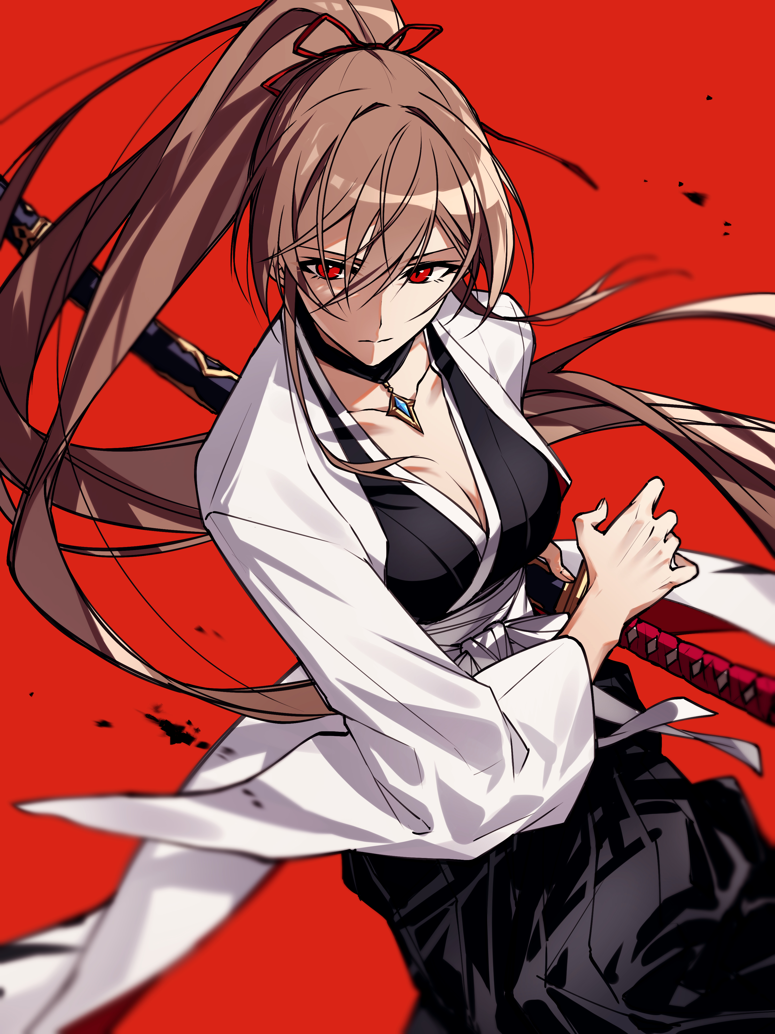 kougi hiroshi, furen e lustario, bleach, nijisanji, absurdres, highres, black kimono, breasts, brown hair, cleavage, fighting stance, hand on hilt, haori, japanese clothes, jewelry, katana, kimono, long hair, necklace, ponytail, ready to draw, red background, red eyes, sash, scabbard, sheath, sheathed, shihakusho, sword, taichou haori, very long hair, virtual youtuber, weapon, white haori, white sash