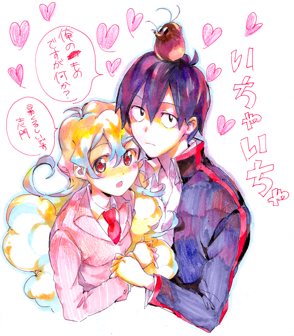 awa-san, awa (awaawa), boota (ttgl), nia teppelin, simon (ttgl), tengen toppa gurren lagann, translation request, 00s, 1boy, 1girl, awafm, blazer, blue hair, couple, curly hair, heart, hetero, holding another's wrist, jacket, multicolored hair, necktie, short hair