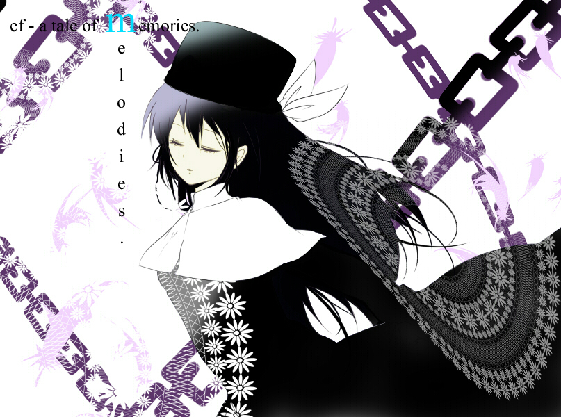 mochi (getemono), amamiya yuuko, ef (visual novel), 00s, 1girl, black hair, closed eyes, female focus, hat, magic circle, simple background, solo, surreal, white background
