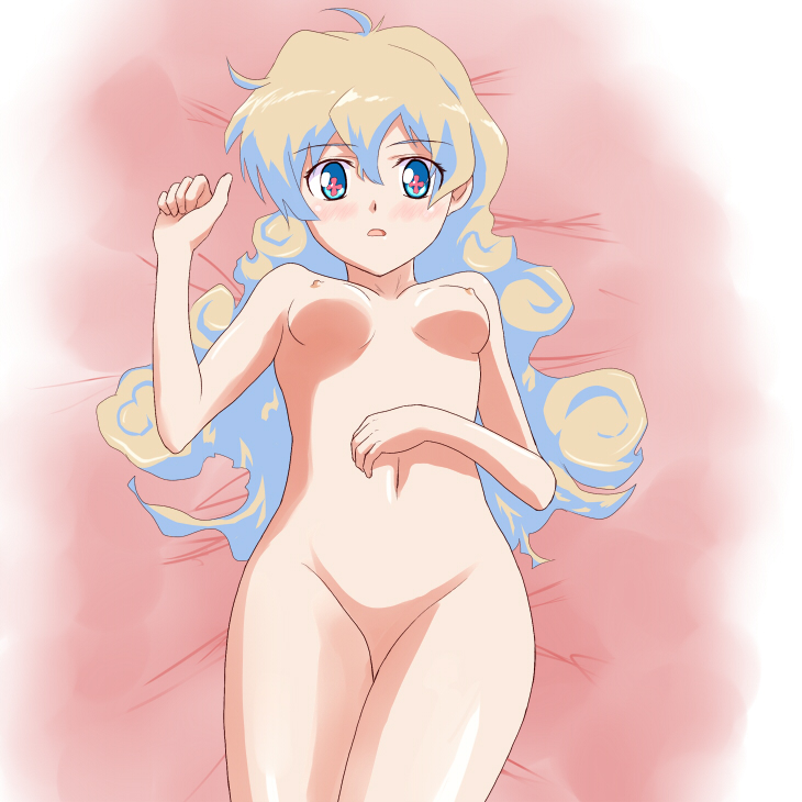 ashuku, futa (pixiv), nia teppelin, tengen toppa gurren lagann, 00s, 1girl, bed sheet, blush, breasts, completely nude, female focus, lying, multicolored hair, nipples, no pussy, nude, solo