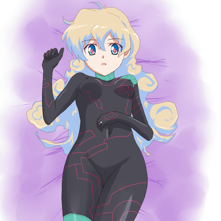 ashuku, futa (pixiv), antispiral nia, nia teppelin, tengen toppa gurren lagann, bad id, bad pixiv id, + +, 00s, 1girl, bed sheet, blonde hair, blue eyes, blue hair, bodysuit, breasts, covered erect nipples, female focus, groin, jewelry, long hair, matching hair/eyes, multicolored hair, navel, neon trim, nipples, open mouth, ring, skin tight, small breasts, solo, surprised, symbol-shaped pupils, two-tone hair