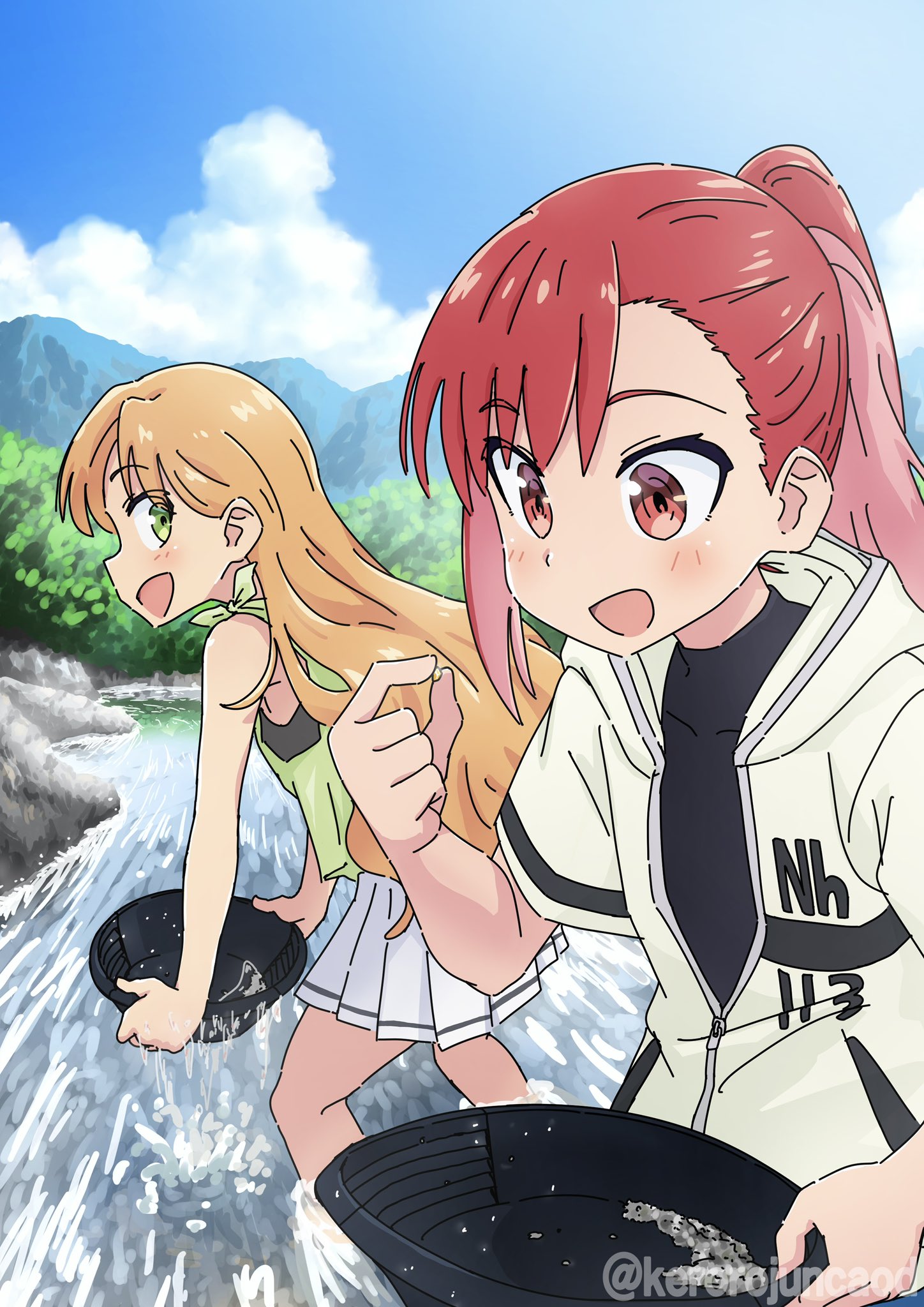 kerorojuncaod, seto shouko, tanigawa ruri, ruri no houseki, commentary request, highres, 2girls, :d, bare arms, bare legs, bare shoulders, black shirt, blue sky, cloud, day, green eyes, hood, hood down, hooded jacket, jacket, light blush, long hair, mountainous horizon, multicolored hair, multiple girls, open mouth, orange hair, outdoors, pink hair, pleated skirt, ponytail, red eyes, red hair, river, shirt, skirt, sky, smile, two-tone hair, very long hair, wading, water, white jacket, white skirt