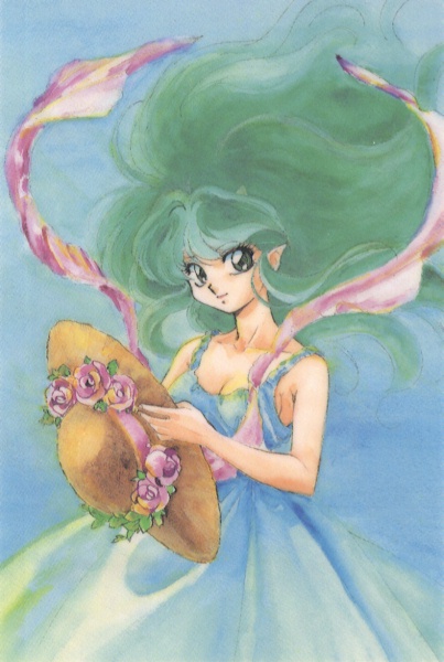 nakajima atsuko, lum, urusei yatsura, 1980s (style), official art, dress, eyeshadow, flower, green hair, hat, horns, long hair, makeup, oldschool, pointy ears, retro artstyle, solo, straw hat