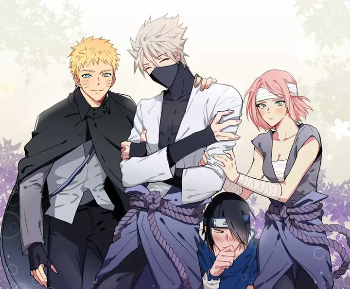 haruno sakura, hatake kakashi, uchiha sasuke, uzumaki naruto, boruto: naruto next generations, naruto (classic), naruto (series), naruto shippuuden, third-party source, 1girl, 3boys, black cloak, black gloves, black hair, blonde hair, blue eyes, blue headband, blush, breasts, chest sarashi, cleavage, cloak, closed eyes, cosplay, facial mark, fingerless gloves, forehead protector, gloves, green eyes, grey hair, headband, mask, medium breasts, mouth mask, multiple boys, nuo (nuoonuoo), pink hair, sarashi, self cosplay, smile, team 7 (naruto), turtleneck, uchiha sasuke (cosplay), whisker markings