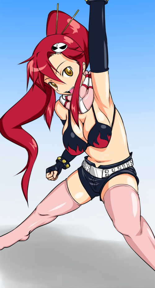 puchiringo, yoko littner, tengen toppa gurren lagann, bad id, bad pixiv id, 00s, long hair, ponytail, red hair, shorts, socks, solo, thighhighs
