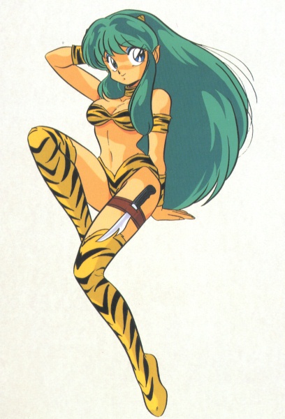 nakajima atsuko, lum, urusei yatsura, 1980s (style), 1girl, animal print, bikini, blue eyes, boots, cone horns, eyeshadow, female focus, green hair, horns, knee boots, knife, long hair, makeup, oldschool, retro artstyle, simple background, solo, striped horns, swimsuit, thighhighs, tiger print