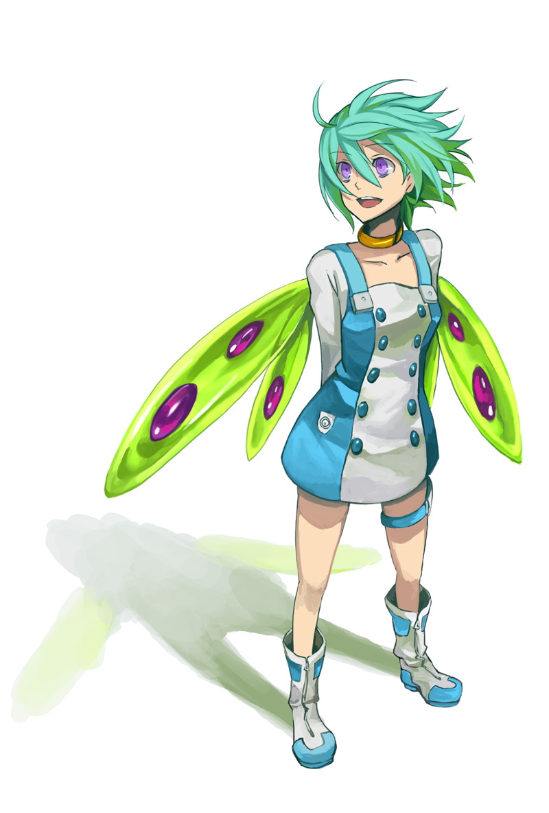 osamu (jagabata), eureka (eureka seven), eureka seven, eureka seven (series), 00s, 1girl, boots, choker, dress, female focus, green hair, purple eyes, short hair, smile, solo, thigh strap, white boots, wings