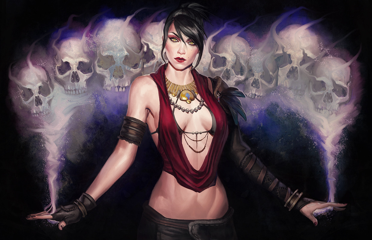 crystal fae, morrigan (dragon age), dragon age, 1girl, black gloves, black hair, breasts, cleavage, fingerless gloves, gloves, looking at viewer, midriff, red shirt, shirt, skull, sleeveless, sleeveless shirt, small breasts, solo, upper body, yellow eyes