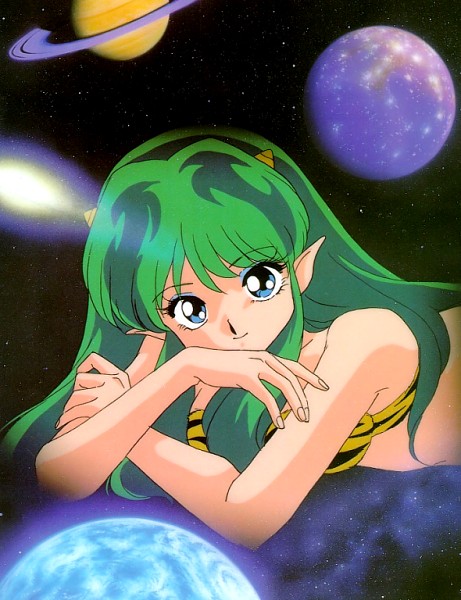nakajima atsuko, lum, urusei yatsura, 1980s (style), animal print, bikini, blue eyes, comet, cone horns, eyeshadow, green hair, horns, long hair, makeup, oldschool, planet, pointy ears, retro artstyle, solo, space, striped horns, swimsuit, tiger print