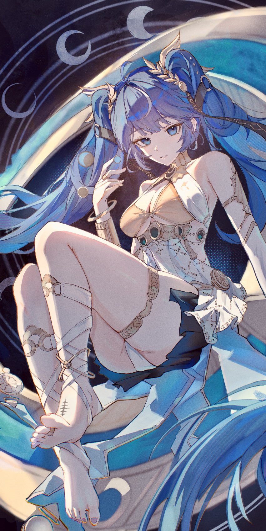 drone (drone 37), iuno (wuthering waves), wuthering waves, commentary, highres, 1girl, ahoge, ancient greek clothes, bare shoulders, barefoot, black skirt, blue eyes, blue hair, breasts, feet, full body, gold bra, greco-roman clothes, hair belt, hand up, jewelry, laurel crown, leg wrap, long hair, medium breasts, miniskirt, multicolored hair, parted lips, skirt, smile, solo, streaked hair, thighlet, toes, twintails, very long hair