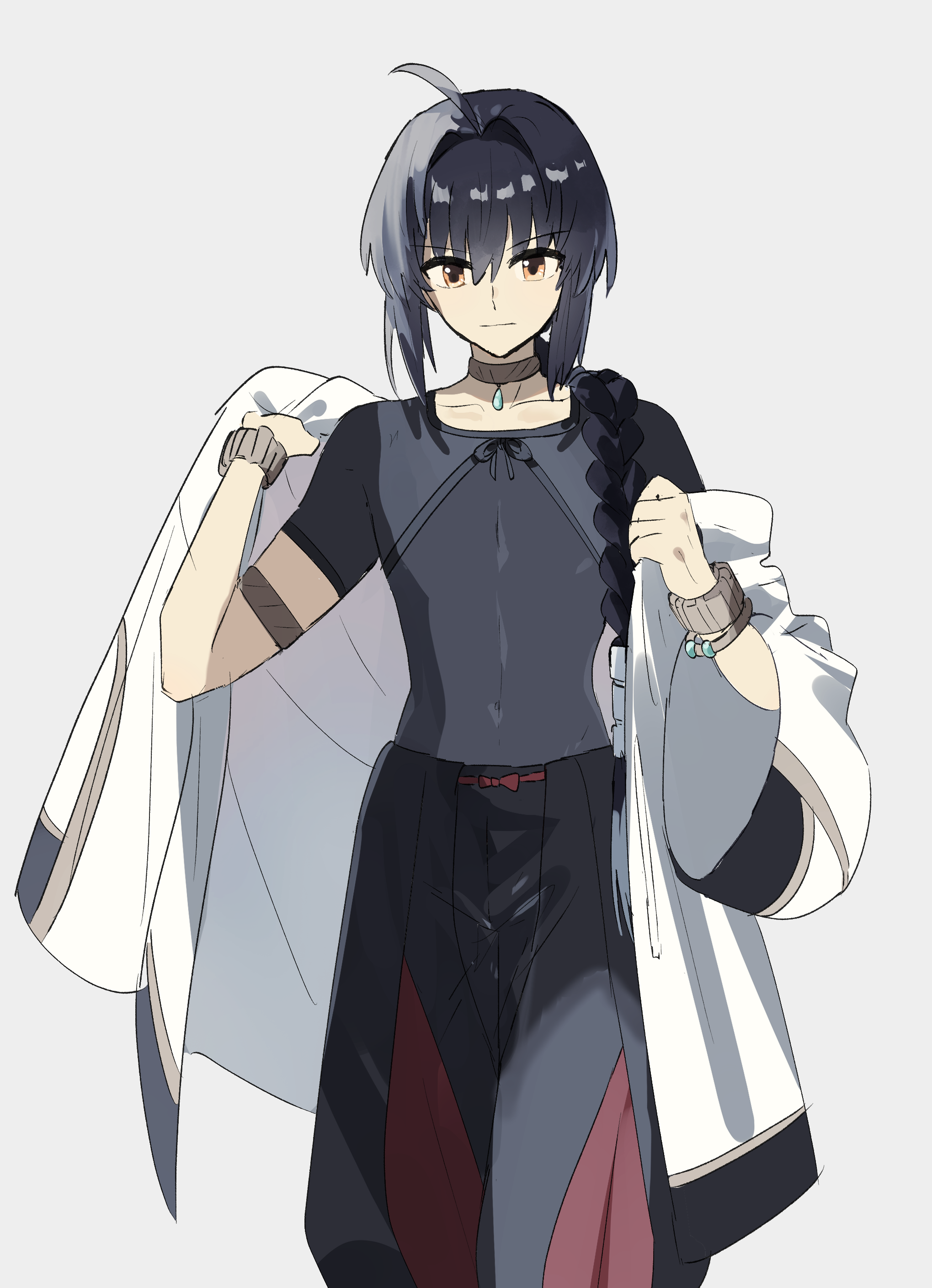 ninjin (ne f g o), yamato takeru (fate), fate/samurai remnant, fate (series), absurdres, commentary request, highres, 1other, ahoge, black hair, black pants, bracelet, braid, choker, closed mouth, collarbone, covered navel, expressionless, grey background, hair over shoulder, holding, holding jacket, holding unworn clothes, jacket, jewelry, looking at viewer, other focus, pants, solo, unworn jacket, upper body