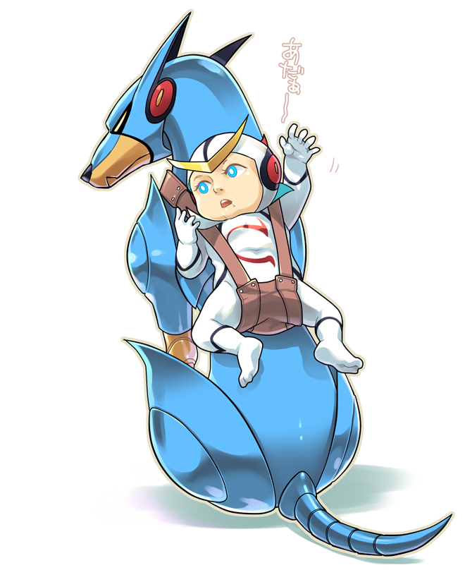 hpa (foolish factory), azuma tetsuya, casshern, friender, casshern (series), casshern sins, robot hunter casshern, 00s, 1970s (style), 1boy, :o, arm up, baby, blue eyes, bodysuit, boy on top, dog, full body, gloves, headgear, lying, machinery, oldschool, on back, open mouth, retro artstyle, simple background, white background, white gloves