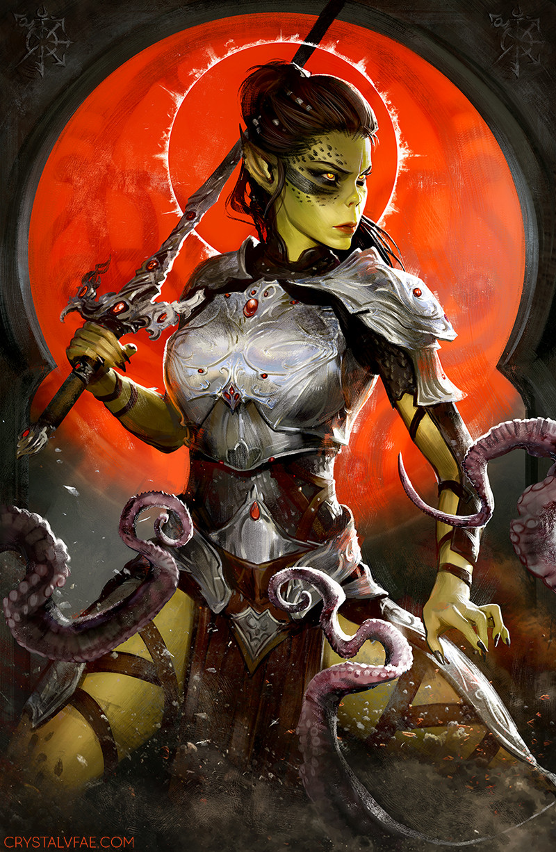 crystal fae, lae'zel, baldur's gate, baldur's gate 3, dungeons & dragons, dungeons & dragons, highres, 1girl, armor, artist name, breastplate, colored skin, gith (d&d), green skin, holding, holding sword, holding weapon, looking to the side, orange eyes, pauldrons, pointy ears, shoulder armor, solo, sword, tentacles, watermark, weapon, web address