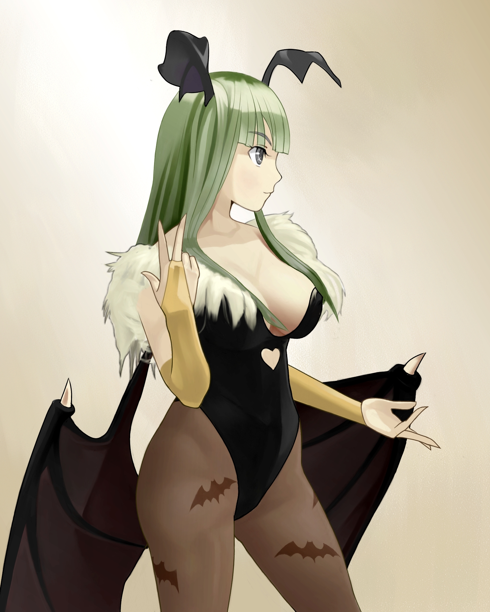 mimizo, mimizou, morrigan aensland, capcom, darkstalkers, bad id, bad pixiv id, derivative work, highres, photo-referenced, 1girl, animal print, bat print, breasts, cleavage, elbow gloves, female focus, gloves, green hair, head wings, large breasts, long hair, pantyhose, print pantyhose, solo, wings