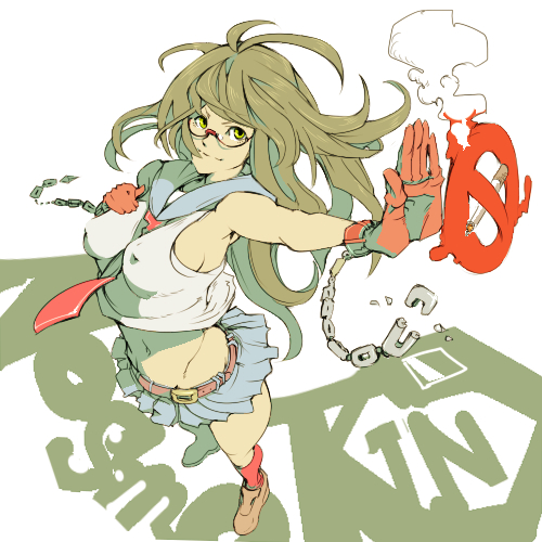 aguhari, bad id, lowres, brown hair, chain, cigarette, glasses, long hair, midriff, no smoking, skirt, smoking, solo, yellow eyes
