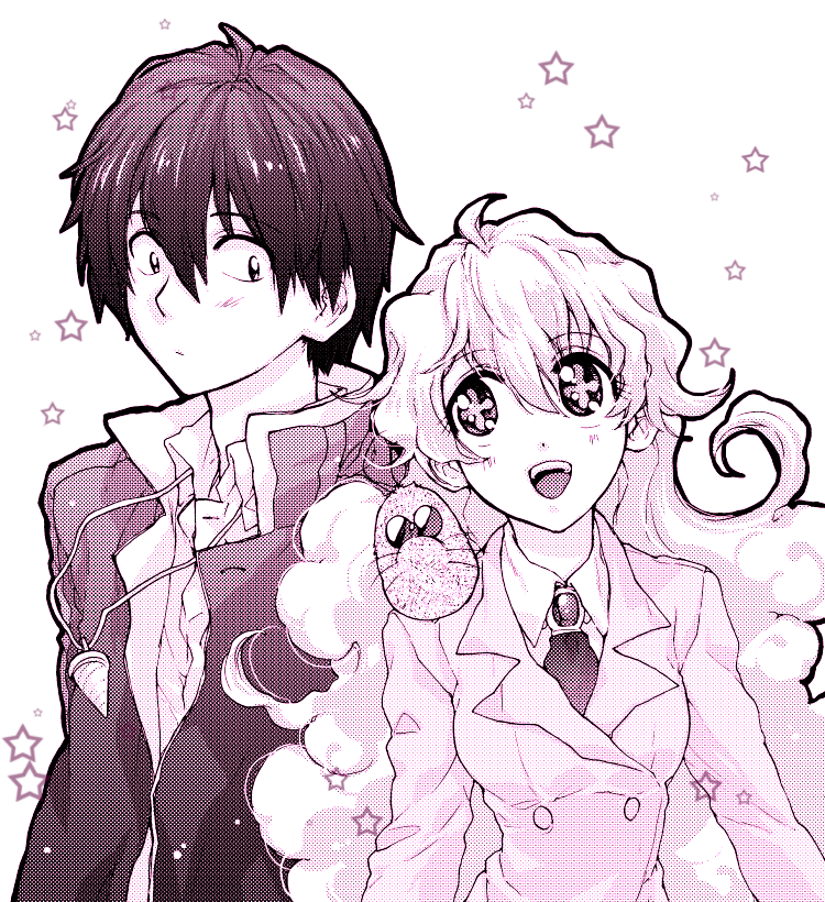 awa-san, awa (awaawa), boota (ttgl), nia teppelin, simon (ttgl), tengen toppa gurren lagann, 00s, 1boy, 1girl, blazer, core drill, couple, drill, happy, hetero, jacket, jewelry, monochrome, necklace, necktie, purple theme, screentones, smile, star (symbol)