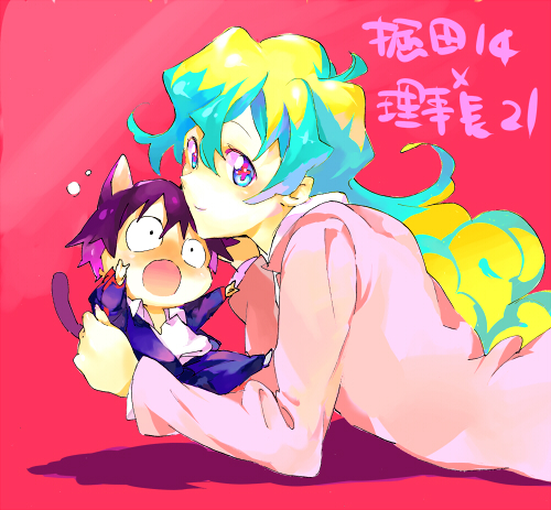 awa-san, awa (awaawa), nia teppelin, simon (ttgl), tengen toppa gurren lagann, lowres, 00s, 1boy, 1girl, animal ears, blazer, cat ears, cat tail, chibi, jacket, kemonomimi mode, lying, multicolored hair, nuzzle, on stomach, tail