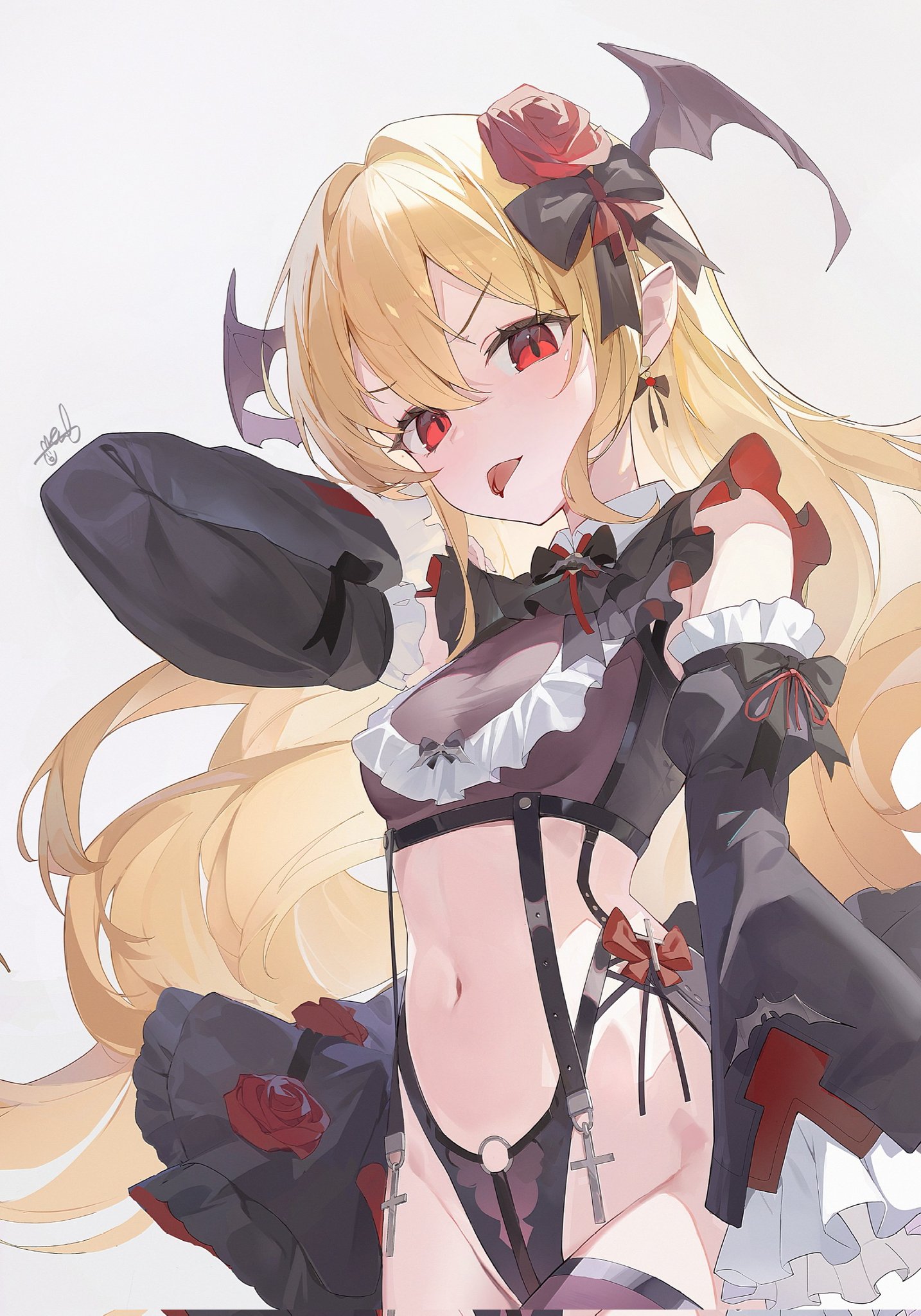halak0000, original, highres, 1girl, :p, bat wings, black bow, black sleeves, blonde hair, bow, breasts, cowboy shot, crop top, cross, cross earrings, detached sleeves, earrings, flower, frilled sleeves, frills, hair between eyes, hair bow, hair flower, hair ornament, head wings, highleg, jewelry, long hair, long sleeves, looking at viewer, navel, o-ring, pointy ears, red eyes, red flower, red rose, rose, shirt, signature, simple background, small breasts, solo, thighhighs, tongue, tongue out, vampire, very long hair, white background, wings